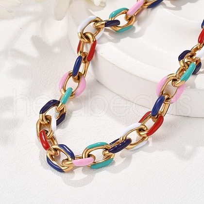 304 Stainless Steel Colorful Enamel Curb Chain Necklaces for Women NJEW-P328-01G-1