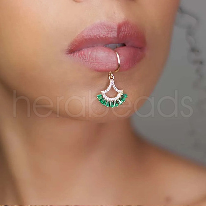 Brass Pave Green and Clear Cubic Zirconia Fan Cuff Dangle Lip Rings FS-WGF1CAD-01-1