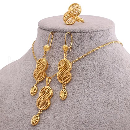 Number 8 Brass Necklaces & Earring & Finger Rings Sets FS-WG0D364-01-1