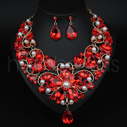 Teardrop Alloy Rhinestone Pendant Necklaces & Stud Earrings Sets for Women WG498A8-01-1