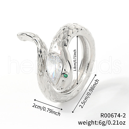 Snake-shaped Brass Pave Cubic Zirconia Cuff Open Rings TG0256-2-1