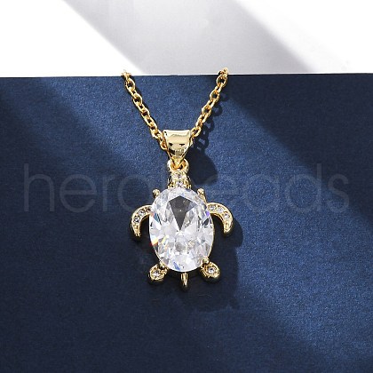 Brass Pave Clear Cubic Zirconia Sea Animal Pendant Necklaces NJEW-L184-02A-G-1