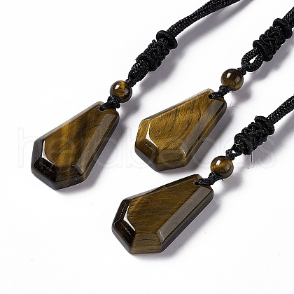 Natural Tiger Eye Hexagon Pendant Necklace with Nylon Cord NJEW-G094-A04-1