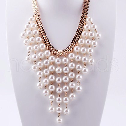Alloy & Plastic Imitation Pearl Round Beaded Tassel Bib Necklaces for Women FS-WG430C8-01-1