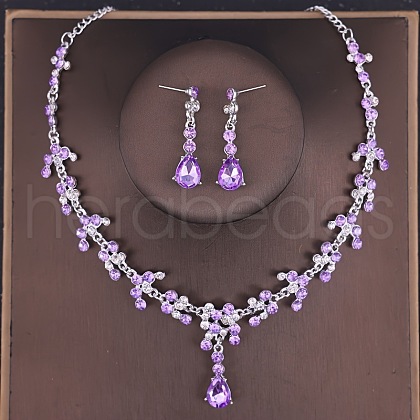 Teardrop Alloy Rhinestone Pendant Necklaces & Stud Dangle Earrings Sets FS-WGE9DA1-05-1