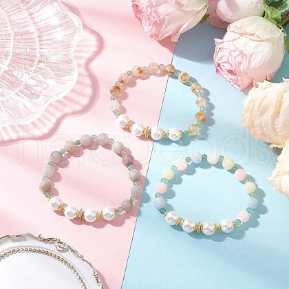 3Pcs Natural Green Aventurine & Citrine & Amethyst & White Jade Imitation Morganite Beaded Stretch Bracelets for Women BJEW-JB11932-1
