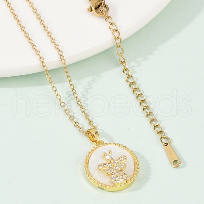 Flat Round with Bee Brass Micro Pave Cubic Zirconia Pendant Neckalces for Women NJEW-C076-12G-1
