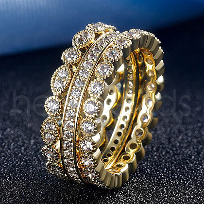 3Pcs 3 Styles Brass Micro Pave Clear Cubic Zirconia Finger Rings for Women FS-WG3CB6F-01-1