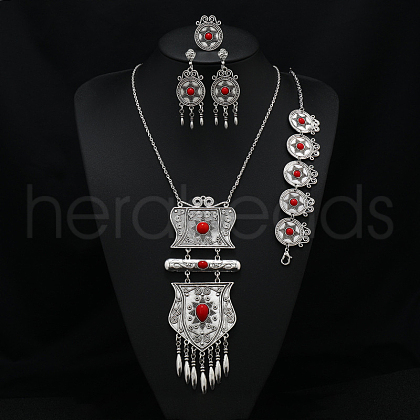 Flat Round Alloy with Resin Pendant Necklace & Stud Dangle Earring & Link Bracelet & Ring FS-WGB1F06-13-1