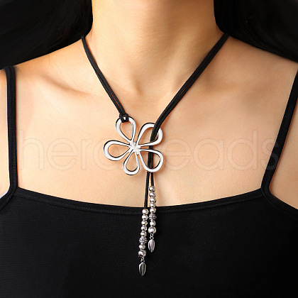 Flower Hollow Flower Bohemian Style Alloy Pendant Black Faux Suede Cord Lariat Necklaces for Women FS-WG7C28D-01-1
