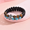 2Pcs 2 Styles Matte Natural Black Obsidian & Tiger Eye & Synthetic Turquoise Round Beads Stretch Bracelets IH5408-4