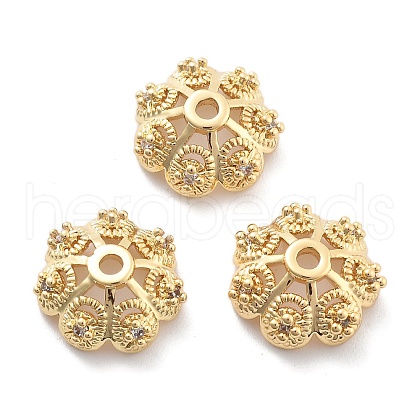Rack Plating Flower Brass Micro Pave Clear Cubic Zirconia Bead Caps KK-H449-65G-01-NR-1