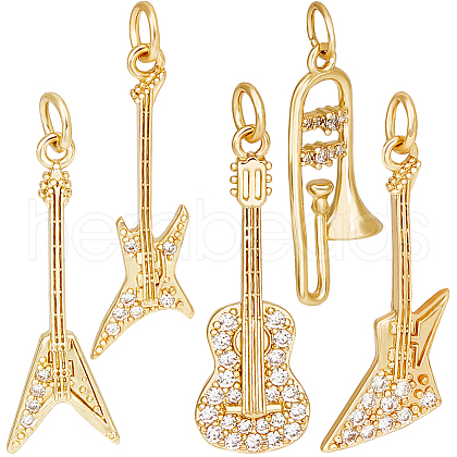 Beebeecraft 5pcs 5 style Rack Plating Brass Micro Pave Clear Cubic Zirconia Musical Instrument Pendants KK-BBC0012-92-1