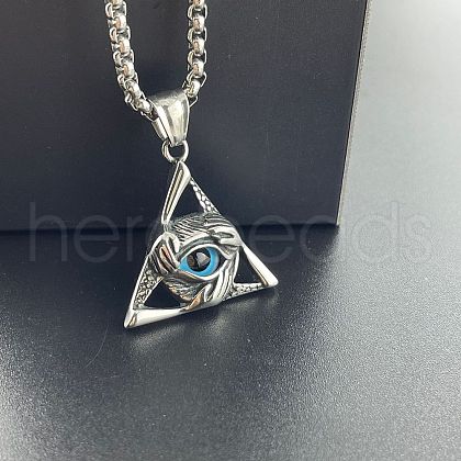 Retro Stainless Steel Deep Sky Blue Triangle Evil Eye Pendant Men's Necklaces AD2193-1