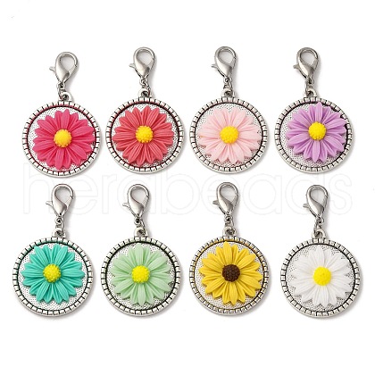 Flat Round with Flower Pattern Resin Pendant Decorations HJEW-JM03462-1