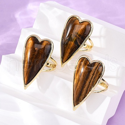 Heart Natural Tiger Eye Finger Rings RJEW-M076-03G-11-1