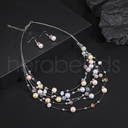 Alloy & Plastic Pearl Round Beaded Multilayer Necklace & Dangle Earring Sets FS-WG2F3F6-07-1