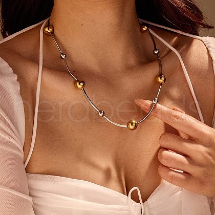 304 Stainless Steel Curved Tube Round Beaded Necklaces NJEW-R030-01GP-1