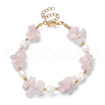 Natural Rose Quartz Chips & Pearl Beaded Bracelet BJEW-TA00349-04-1