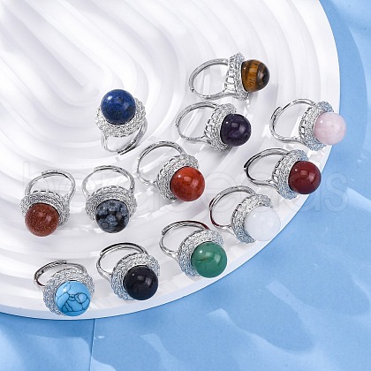 Natural & Synthetic Mixed Gemstone Round Adjustable Finger Rings RJEW-K241-05P-1