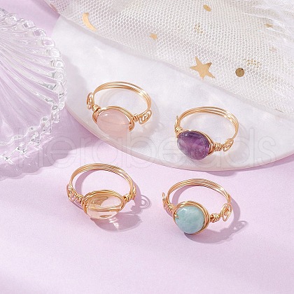 Oval Natural Amethyst & Amazonite & Rose Quartz & Citrine Finger Rings RJEW-JR00845-1