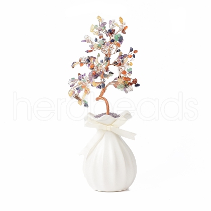 Natural Gemstone Chips with Brass Wrapped Wire Money Tree on Ceramic Vase Display Decorations DJEW-B007-01D-1