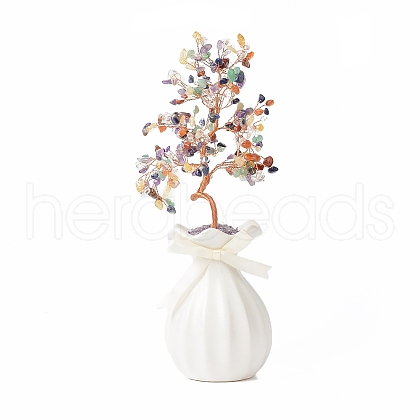 Mother's Day Natural Gemstone Chips with Brass Wrapped Wire Money Tree on Ceramic Vase Display Decorations DJEW-B007-01D-1
