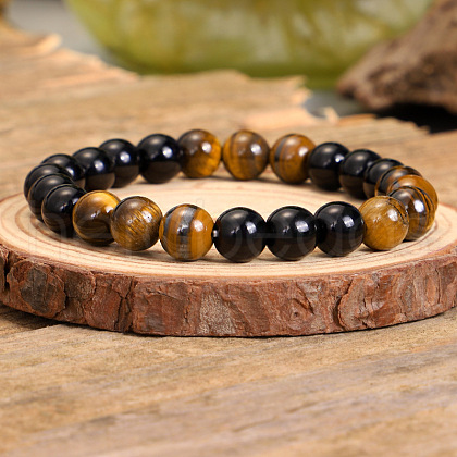Natural Black Stone & Tiger Eye Round Beaded Stretch Bracelets for Men Women FS-WG54ED5-01-1