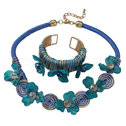 Flower Alloy & Aluminium & Resin Bib Necklaces & Cuff Bangles Sets FS-WG80D75-04-1
