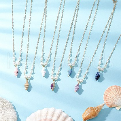 Summer Beach Handmade Porcelain Shell Shaped Pendant Brass & ABS Plastic Imitation Pearl Link Chain Necklaces NJEW-JN05272-1