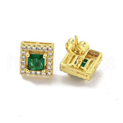 Square Brass Micro Pave Clear Cubic Zirconia Stud Earrings EJEW-G387-03G-1