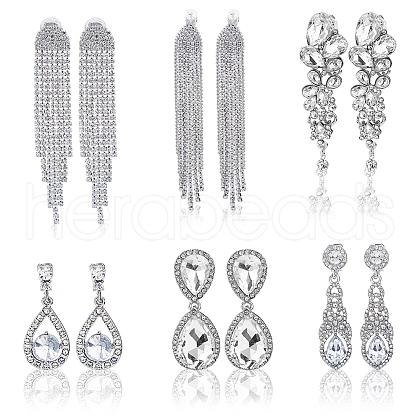 FIBLOOM 6 Pairs 6 Style Alloy Rhinestone Teardrop Dangle Clip-on Earrings EJEW-FI0002-91-1