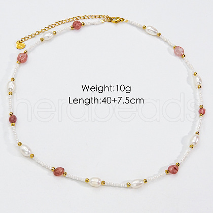 Handmade Natural Pearl & Strawberry Quartz & Glass Beaded Necklace JR6200-3-1