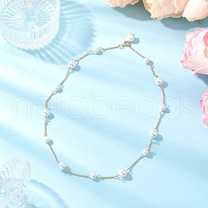 Round Shell Pearl & 304 Stainless Steel Handmade Link Chain Necklaces NJEW-JN05301-01-1