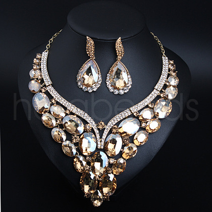 Teardrop Alloy Glass Stud Earrings & Bib Necklaces Sets for Women FS-WGC29D0-01-1