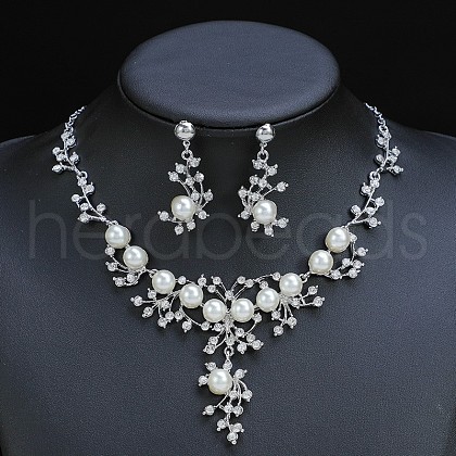 Flower Alloy & Plastic Pearl & Crystal Rhinestone Pendant Necklaces & Stud Dangle Earrings Sets FS-WG18295-01-1