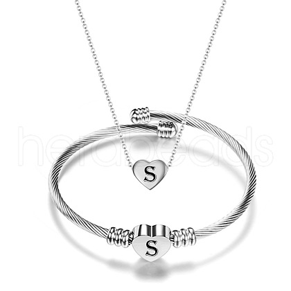 Heart with Letter Pattern 304 Stainless Steel Cuff Bangle & Pendant Necklace FS-WGA0158-19-1