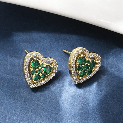 Heart Brass Micro Pave Cubic Zirconia Stud Earrings EJEW-M082-15G-1