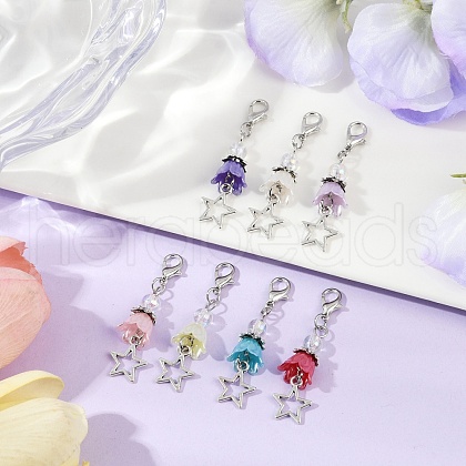 Flower ABS Plastic Pearl & Alloy Star Pendant Decorations HJEW-JM03132-1