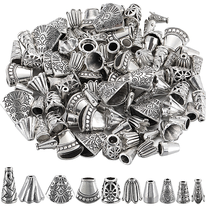 SOFPLATE 100Pcs 10 Styles Tibetan Style Alloy Beads Cone FIND-SP0001-69-1