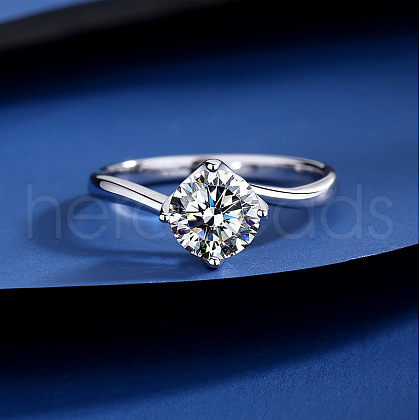 Flat Round Rhodium Plated 925 Sterling Silver Moissanite Finger Rings for Women WG84544-08-1