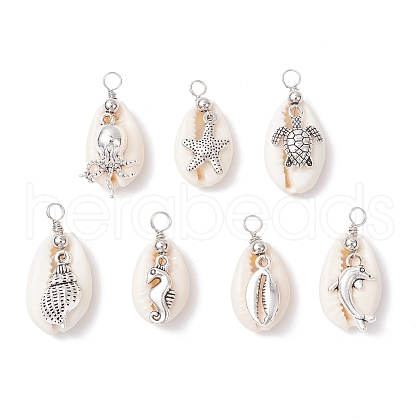 Natural Cowrie Shell & Alloy Sea Animals Pendants PALLOY-JF03751-1