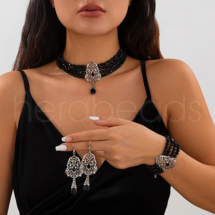 Teardrop Alloy & Glass Rhinestone Pendant Necklace & Stud Dangle Earring & Bracelet FS-WG89F11-09-1