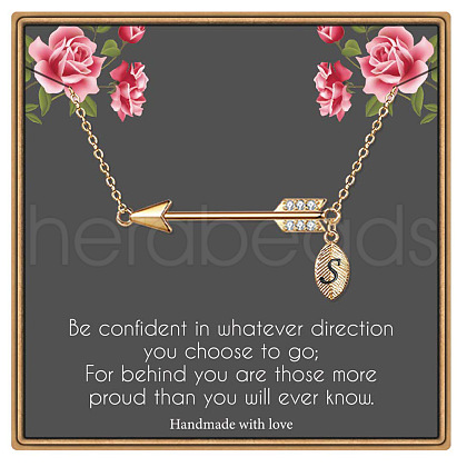 Brass Micro Pave Clear Cubic Zirconia Arrow with Letter Pendant Necklaces FS-WG43978-19-1