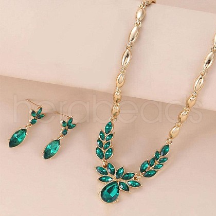 Horse Eye & Leaf & Teardrop Alloy Rhinestone Pendant Necklaces & Stud Dangle Earrings Sets FS-WG3720E-03-1