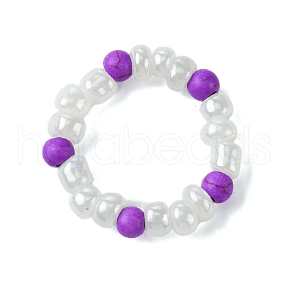 Round Synthetic Turquoise with Glass Seeded Beaded Stretch Rings for Women RJEW-JR00707-04-1