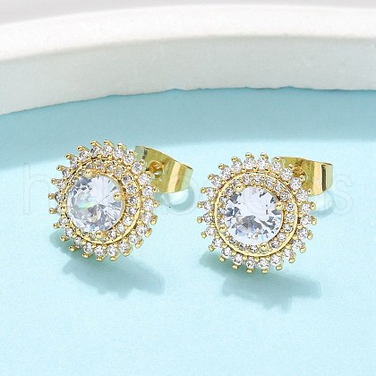 Brass Micro Pave Clear Cubic Zirconia Stud Earrings EJEW-C139-01G-1