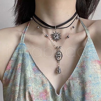 Bohemia Style Alloy Glass Star Pendant Imitation Leather Cord 3 Layer Necklaces for Women FS-WGB075D-01-1
