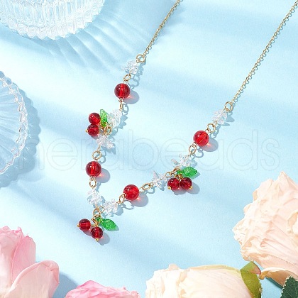 Crackle Glass & Natural Quartz Crystal Fruit Bib Necklaces for Women NJEW-JN05202-02-1