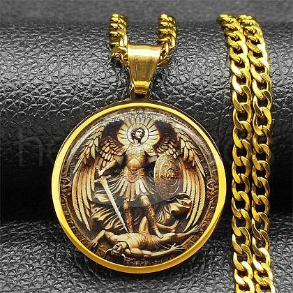 304 Stainless Steel Glass Flat Round with Archangel Michael Pendant Necklaces for Women NJEW-M105-09G-1